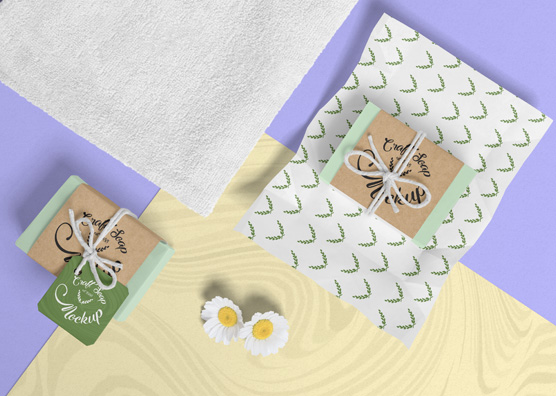 Flat Lay Soap Packaging Mockup – Kraft Paper & Twine