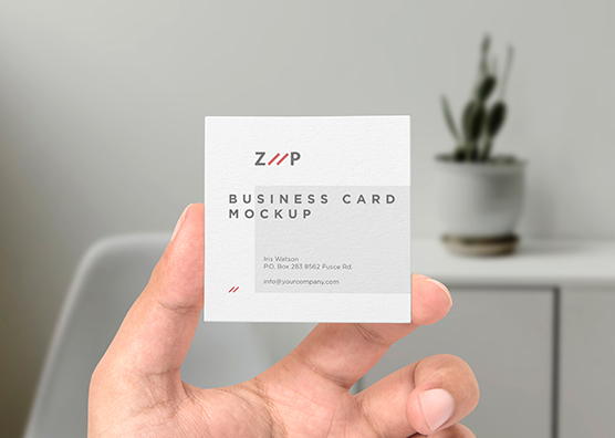 Square Business Card Mockup in Hand View