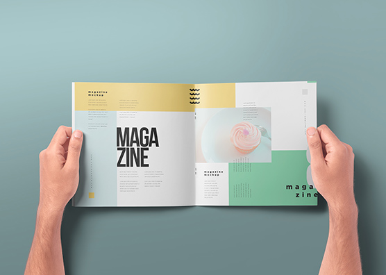 Square Magazine Open Spread Mockup in Hands