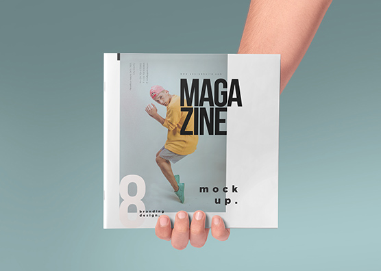 Hand Holding Square Magazine Cover Mockup